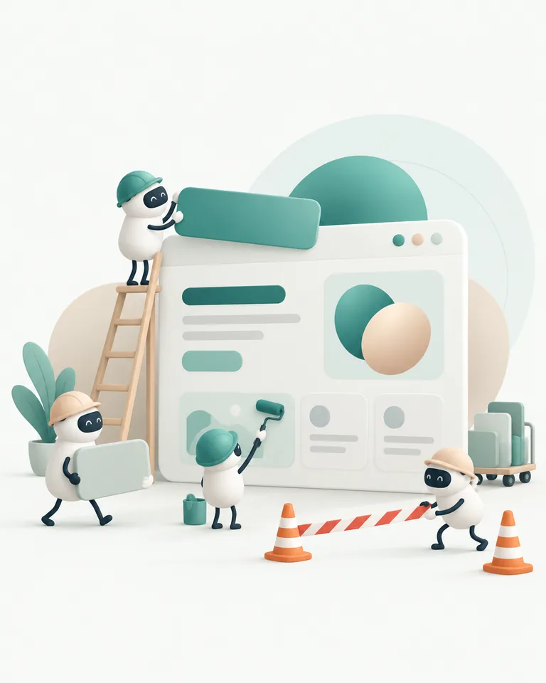 Vier kleine bouwrobots bouwen samen aan een website in zachte groen- en zandtinten.